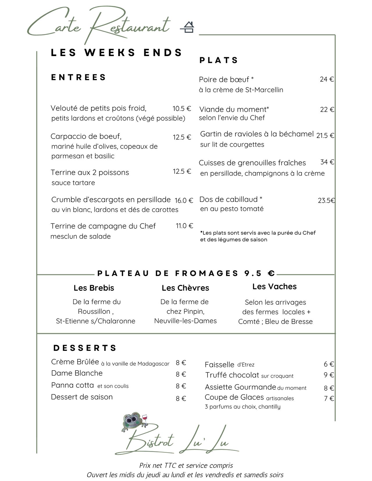 CARTE SOIRS ET WEEK END