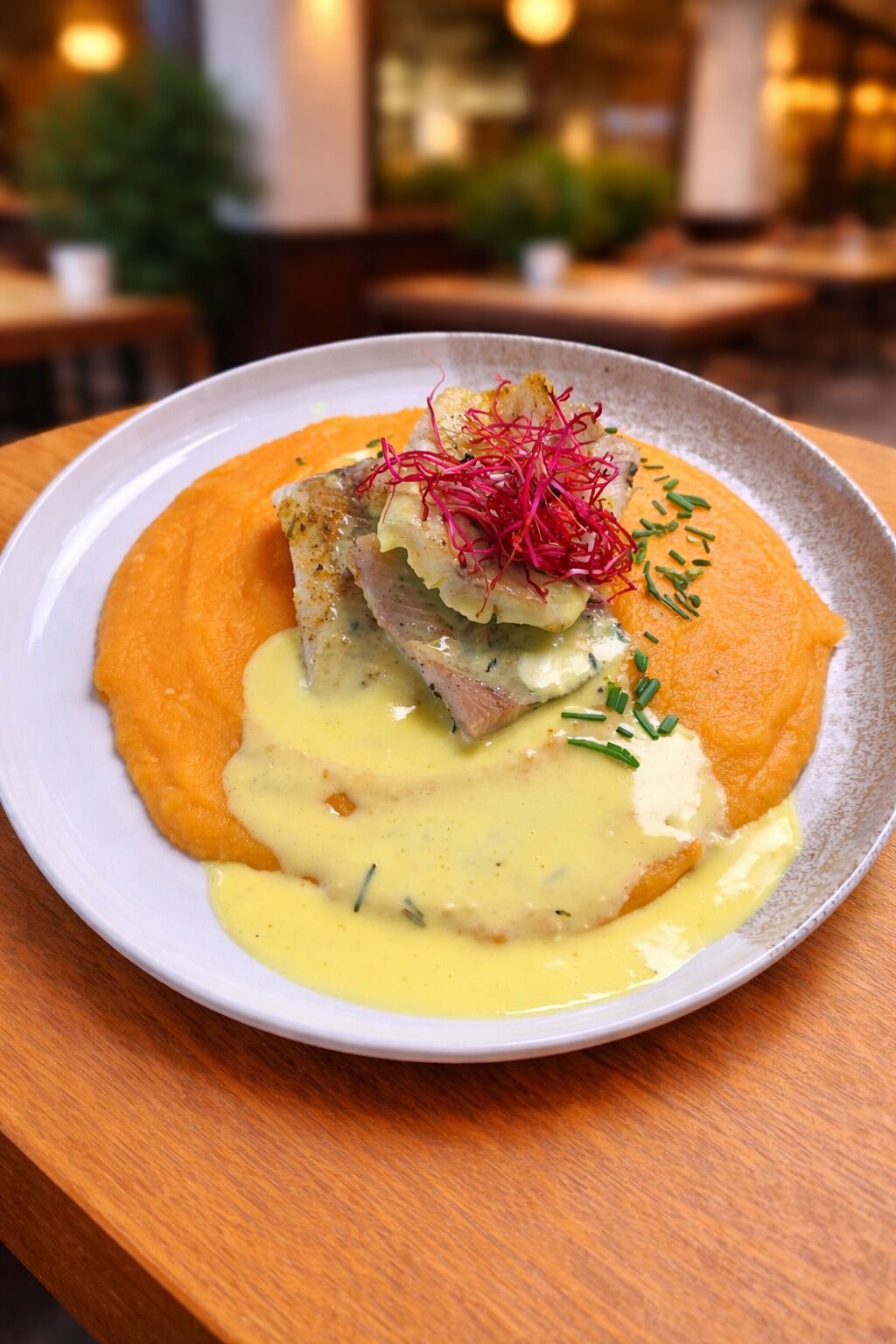 Filet z tresky s holandskou omáčkou a batatovým pyré