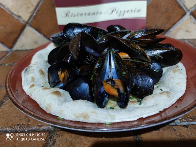 Cozze alla Marinara su pane pizza