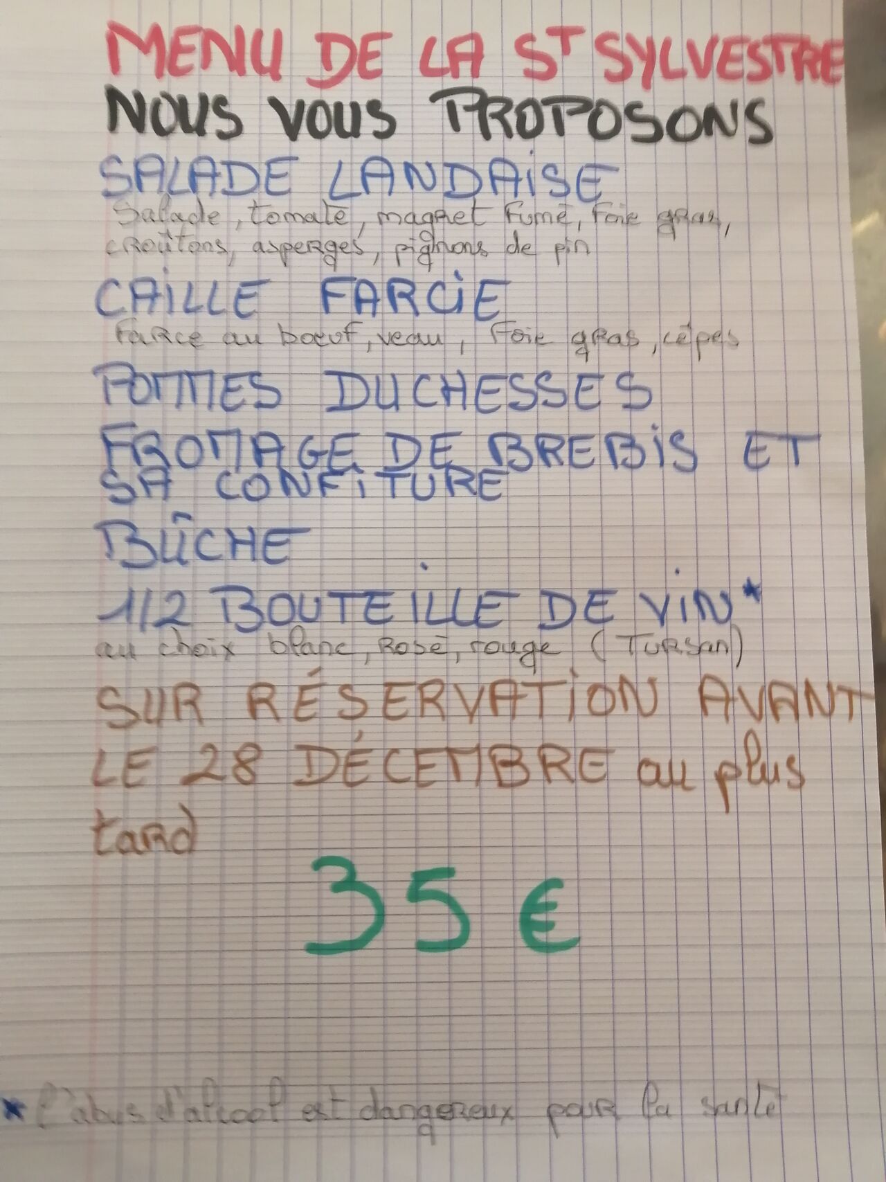 Menu de la Saint sylvestre à réserver 