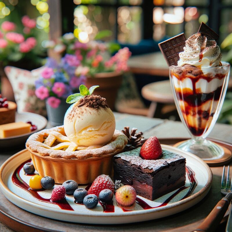warm apple pie with ice cream, brownie with fruit sauce and ice cream, and ice cream dessert with chocolate crumble and fruits.