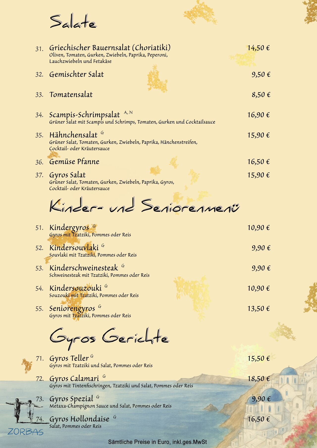 Speisekarte 2/7 Salate, Kinder- und Senioren Gerichte