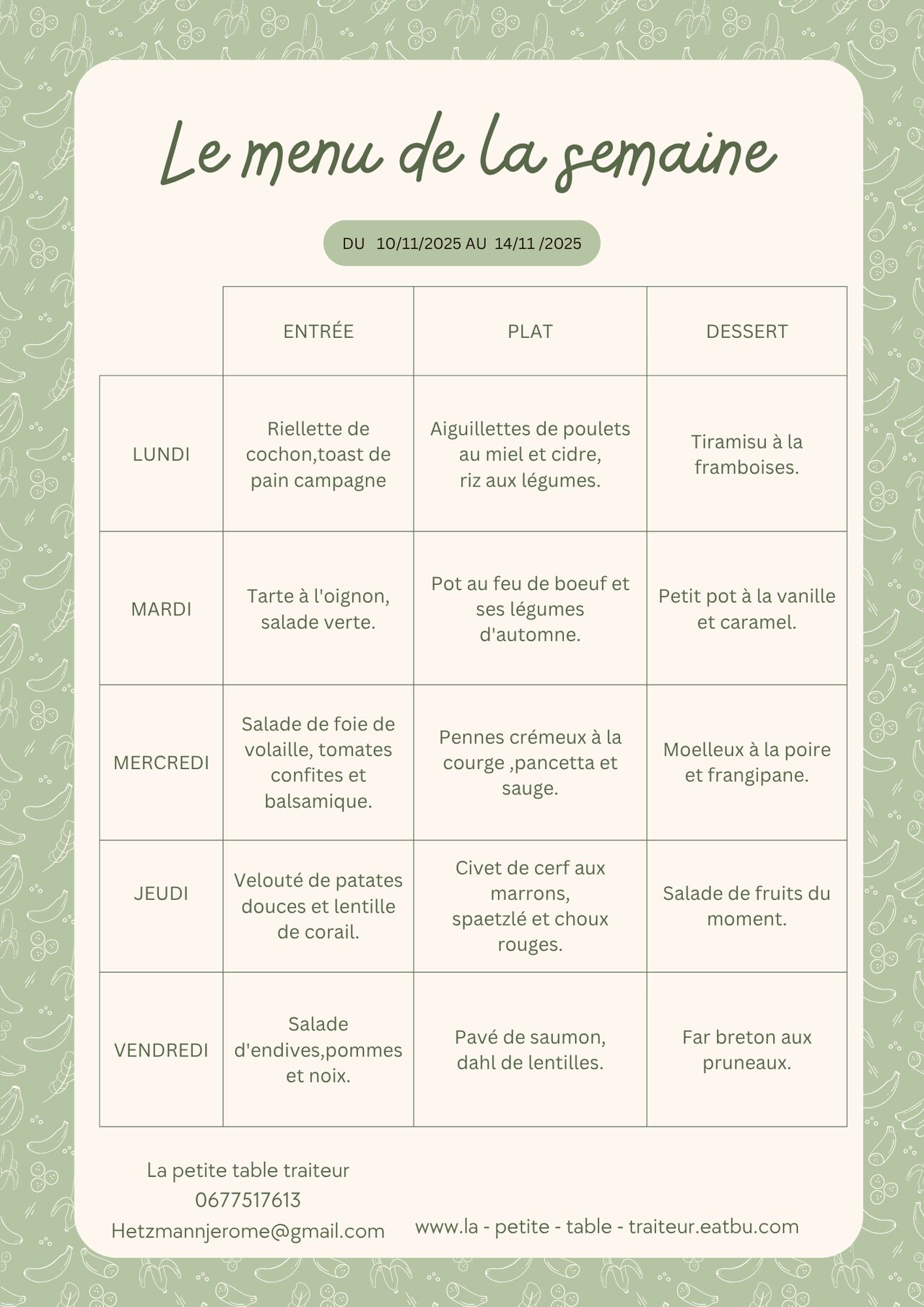 Menu du 10 au 14 novembre 2025.