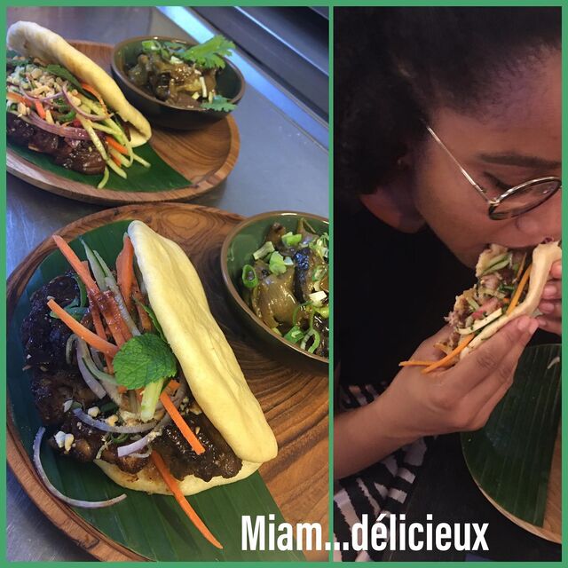 Gua Bao (plat Taïwanais) Pain cuit à la vapeur porc caramélisé et chutney aubergine