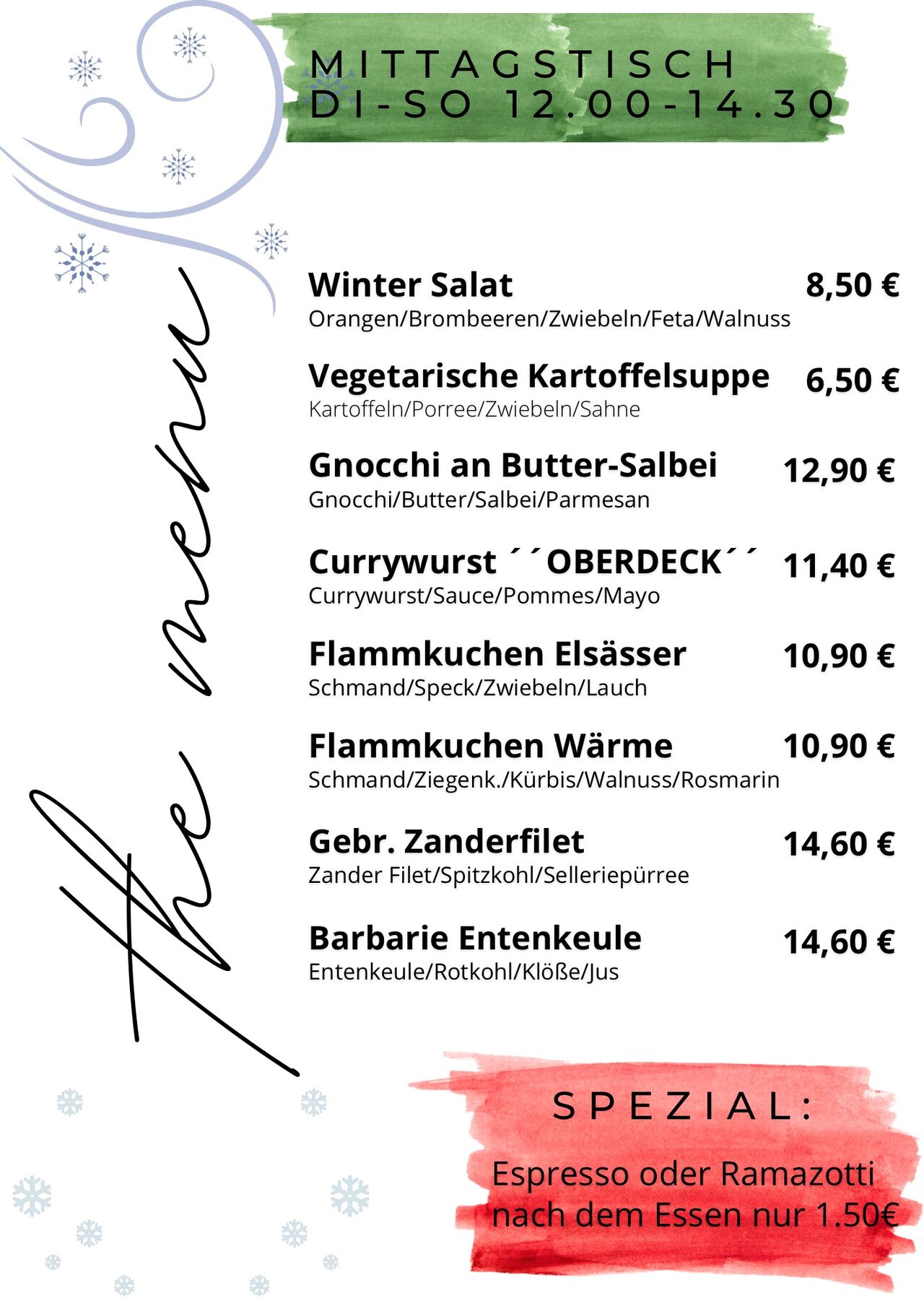 Mittagskarte im Café Kunstpause