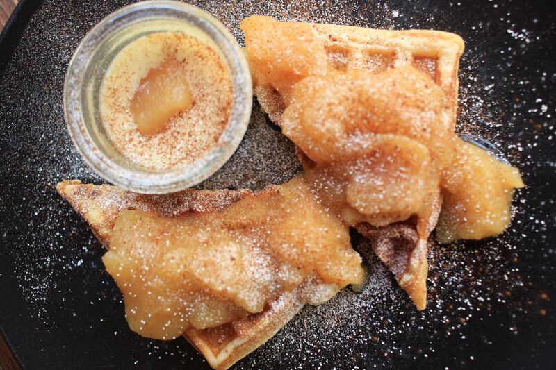 Homemade Waffles belgian style - either plain with Cinnamon & Sugar, with Apple & Vanillesauce or Cherries & Vanilla ice-cream