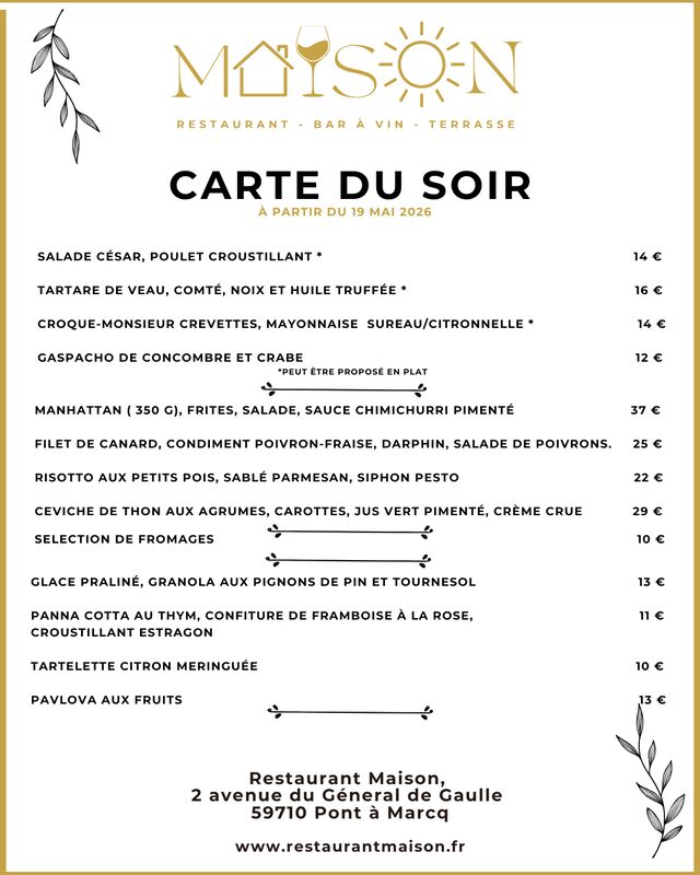 carte du soir à partir du 19 mai