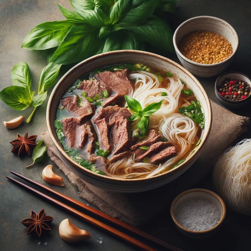 Phở bò thơm ngon với nước dùng đậm đà, bánh phở, thịt bò thái lát, rau thơm và gia vị.
