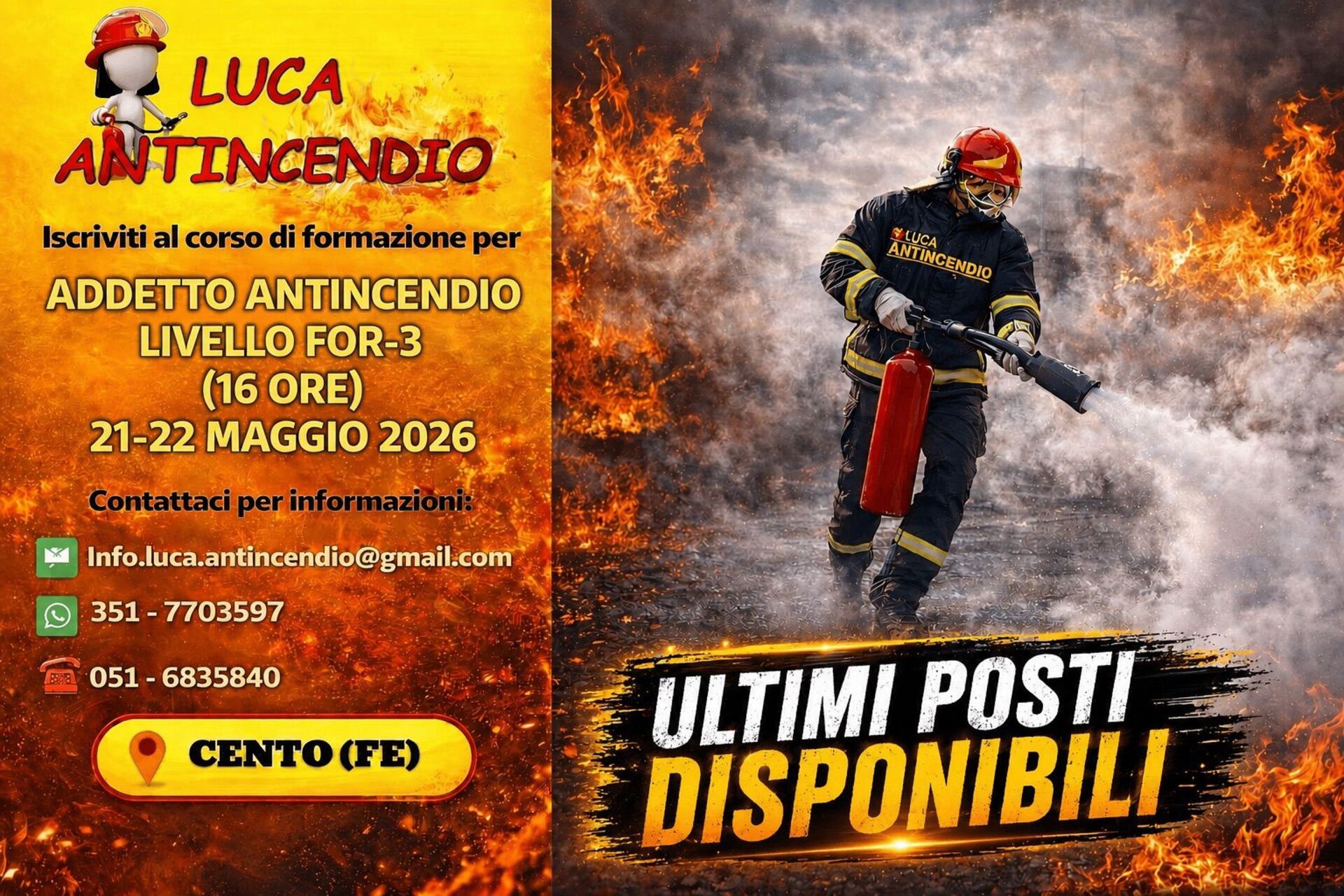 CORSO ADDETTO ANTINCENDIO LIVELLO FOR-3 (EX RISCHIO ELEVATO) 16 ORE 21 E 22 MAGGIO 2026