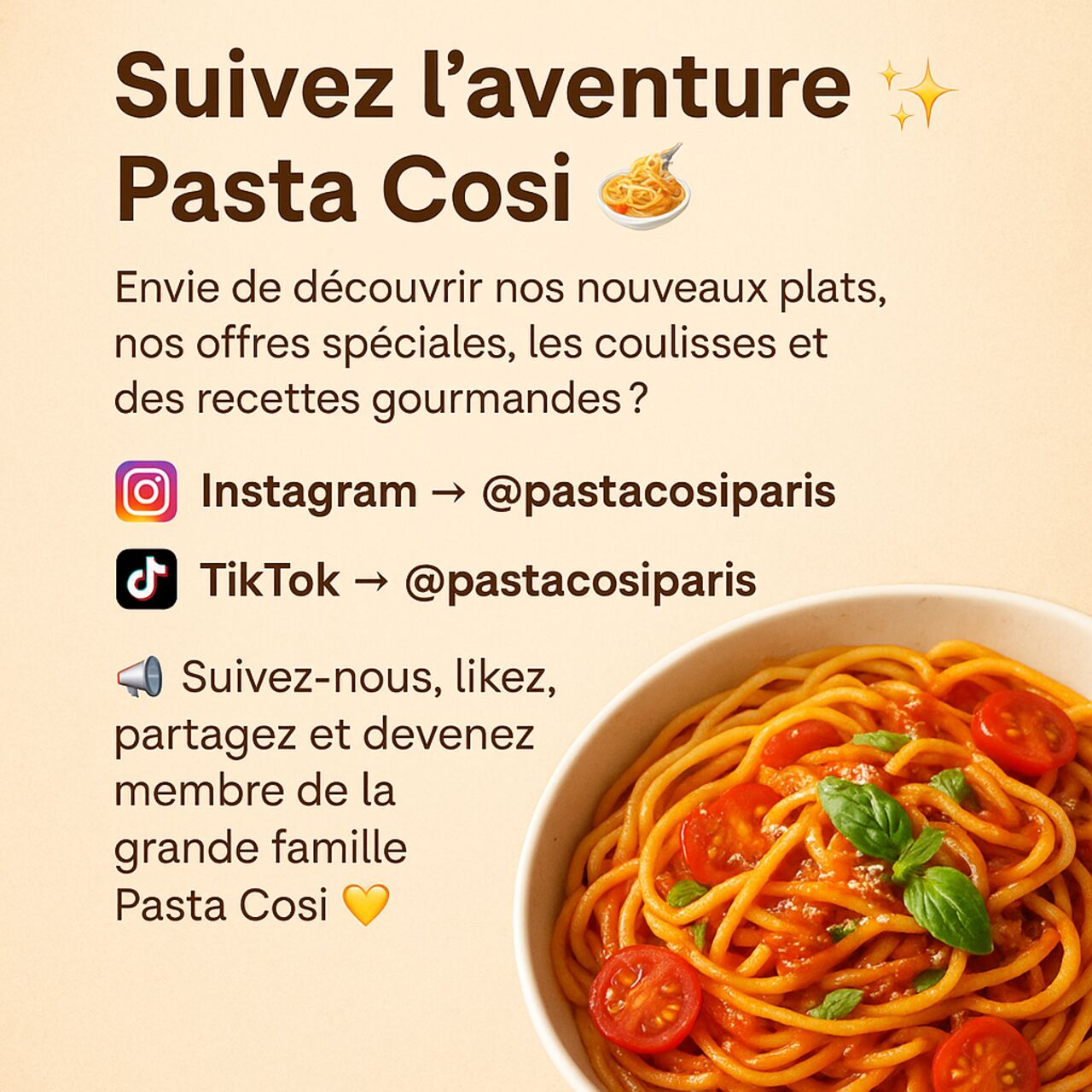 Suivez l’aventure Pasta Cosi 🍝✨