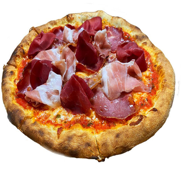 CARNIVORAbresaola (vita crud uscata) , pancetta , coppa , speck , aluat maturat 36 ore , sos de rosii San Marzanno , mozzarella
