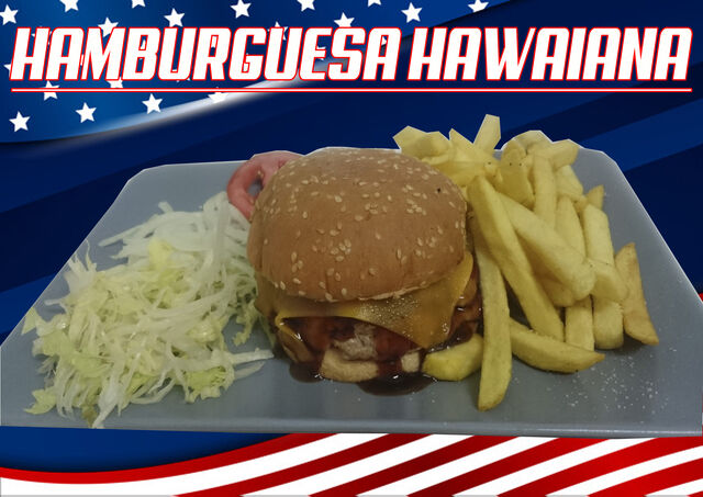 Carne, Queso, Piña, Salsa Especial, Lechuga, Tomate y Cebolla.