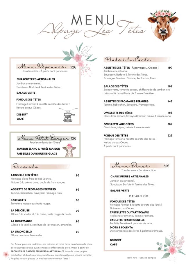 Menu Alpage Les Tetes - Megeve