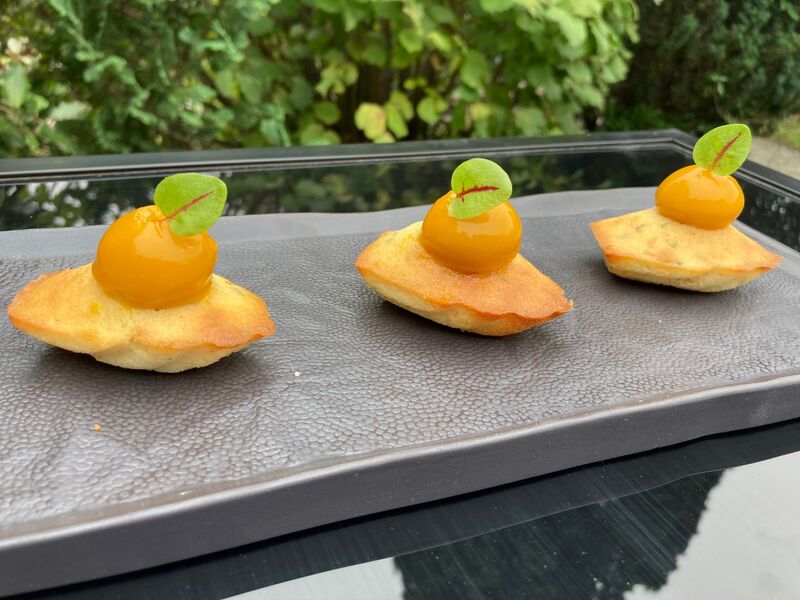 Foie gras, mangue, fruit de passion, madeleine