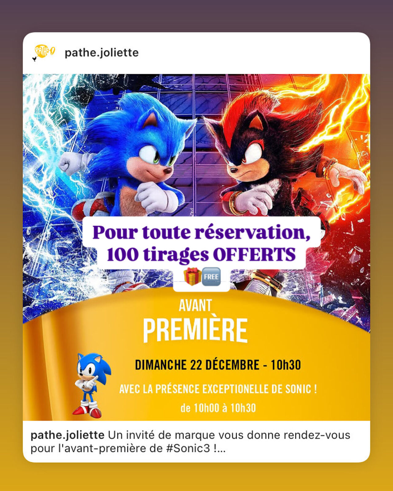Partenariat cinéma Pathé la Joliette - Avant Première Sonic