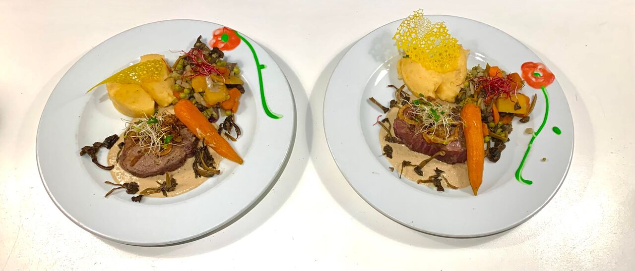 Filet de bœuf sur son lit de girolles, ses légumes et sa purée de patate douce 