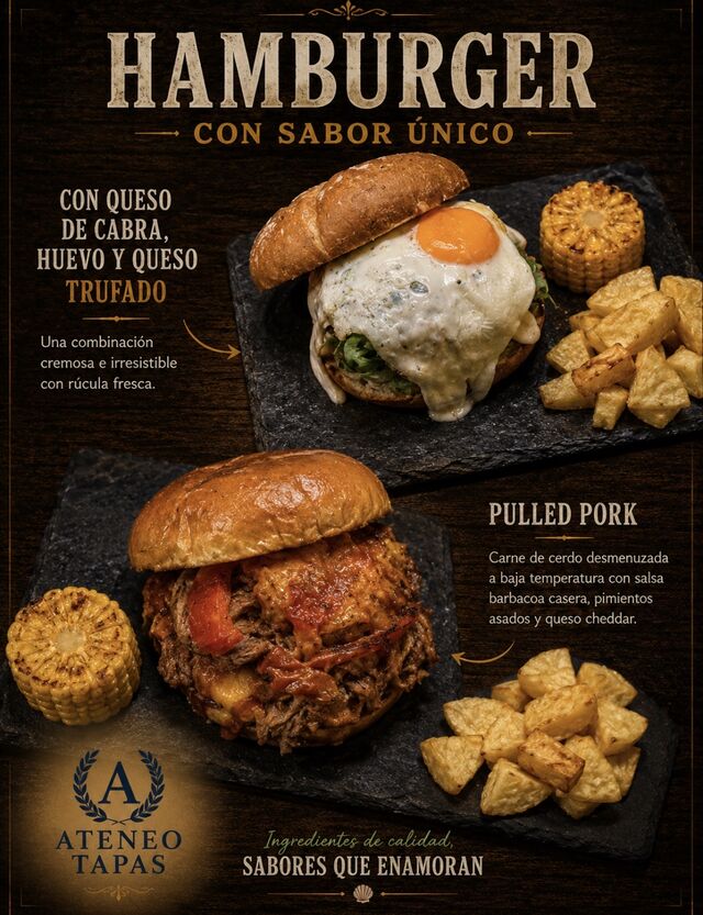 Hambergesa Pull Pork / Huevo con queso de cabra y trufa
