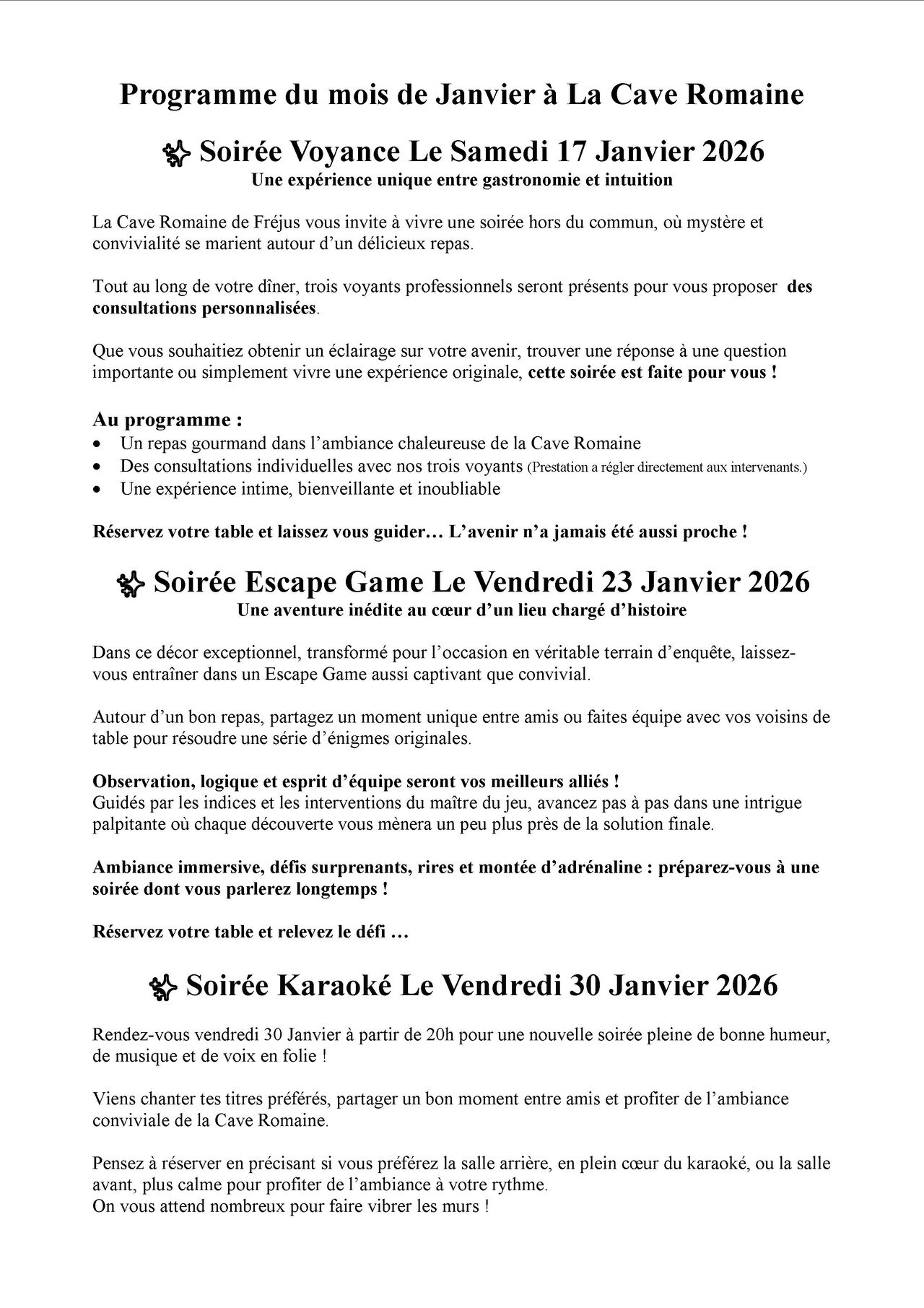 Programme de Janvier 2026