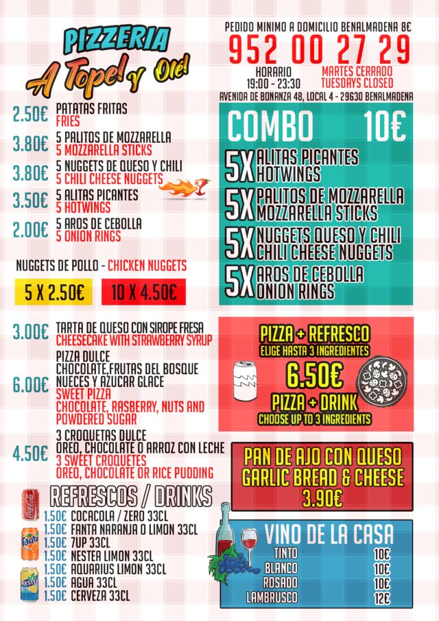 menu snacks y bebidas