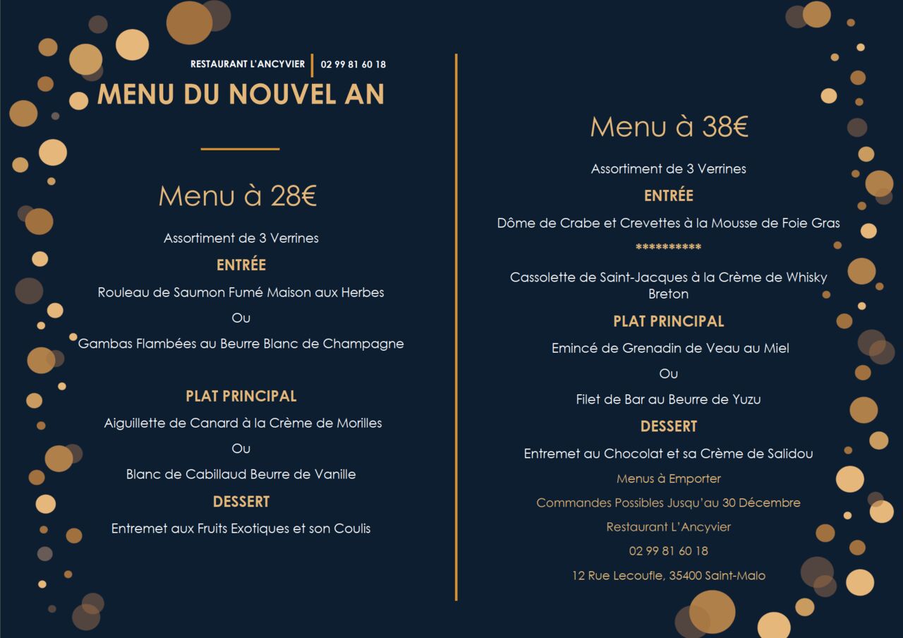 Menu du Nouvel An 2021 (Commandes Possibles Jusqu'au 30 Décembre)
