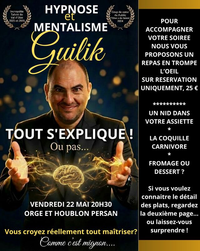 Soirée hypnose et mentalisme vendredi 22 mai à 20h30