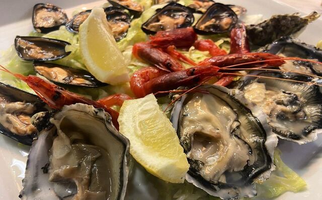 Crudo di pesce: ostriche, gamberi rossi e cozze al naturale su una base di insalata fresca