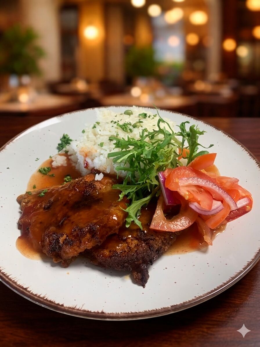 Obrátený bravčový rezník s hráškovou ryžou