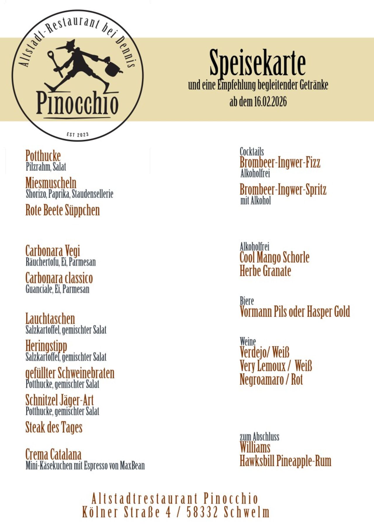 Unsere Speisekarte ab dem 17.02.2026