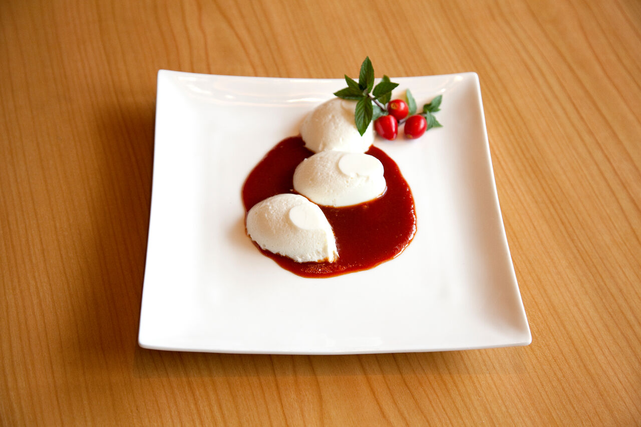 Joghurtnockerl auf Hagebutten Sauce