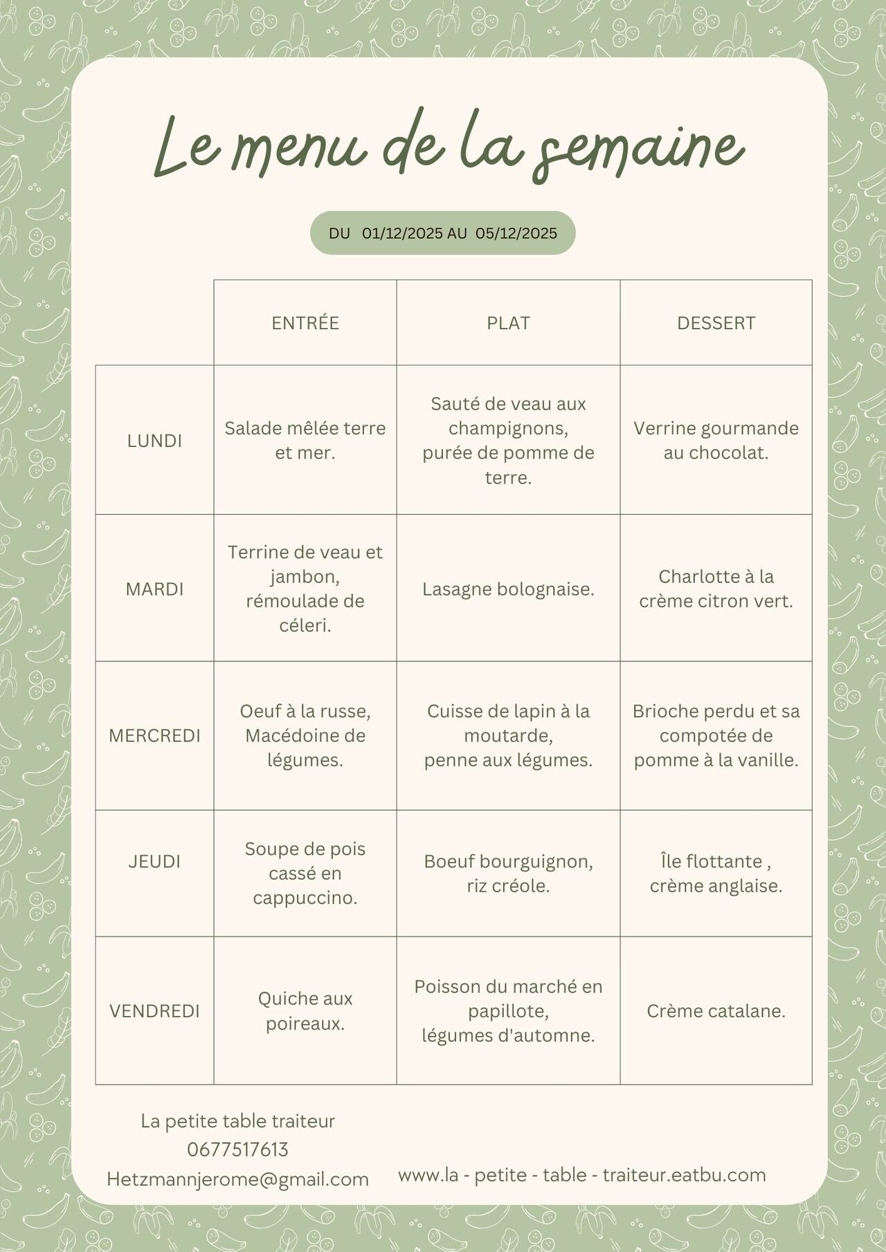 Menu du 01 au 05 décembre 2025