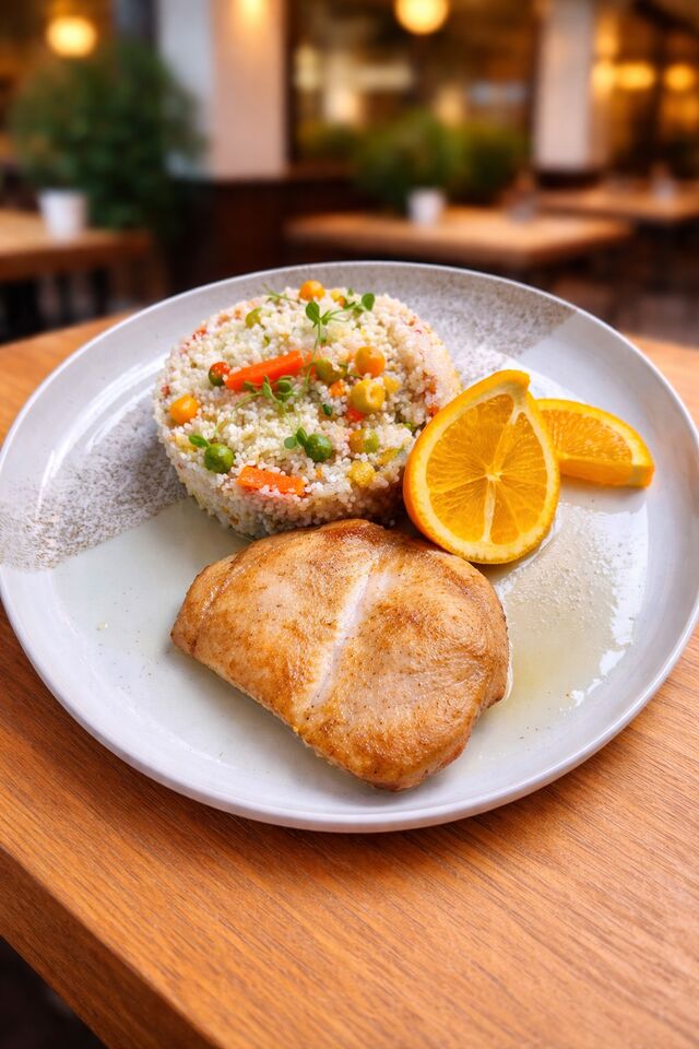 Kurací steak s pomarančovou omáčkou a zeleninovým kuskusom