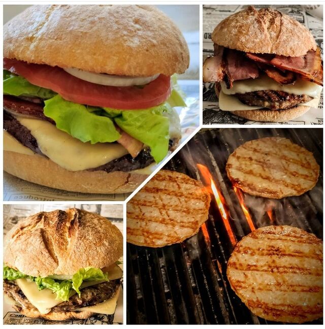 Hamburguesas a la parrilla 100% ternera de primera y carne raza Black angus en pan artesano.