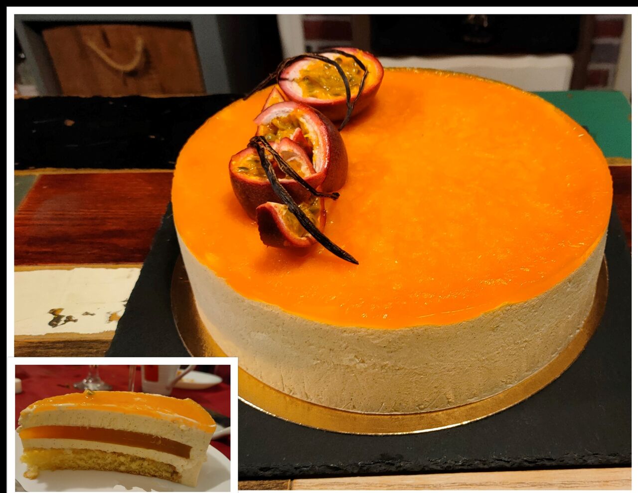 Entremets vanille - passion (mousse bavaroise à la vanille et insert gélifié aux fruits de la passion)