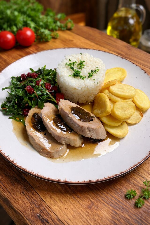 Bravčová panenka plnená sušenou slivku s ryžou a zemiakovými dukátmi