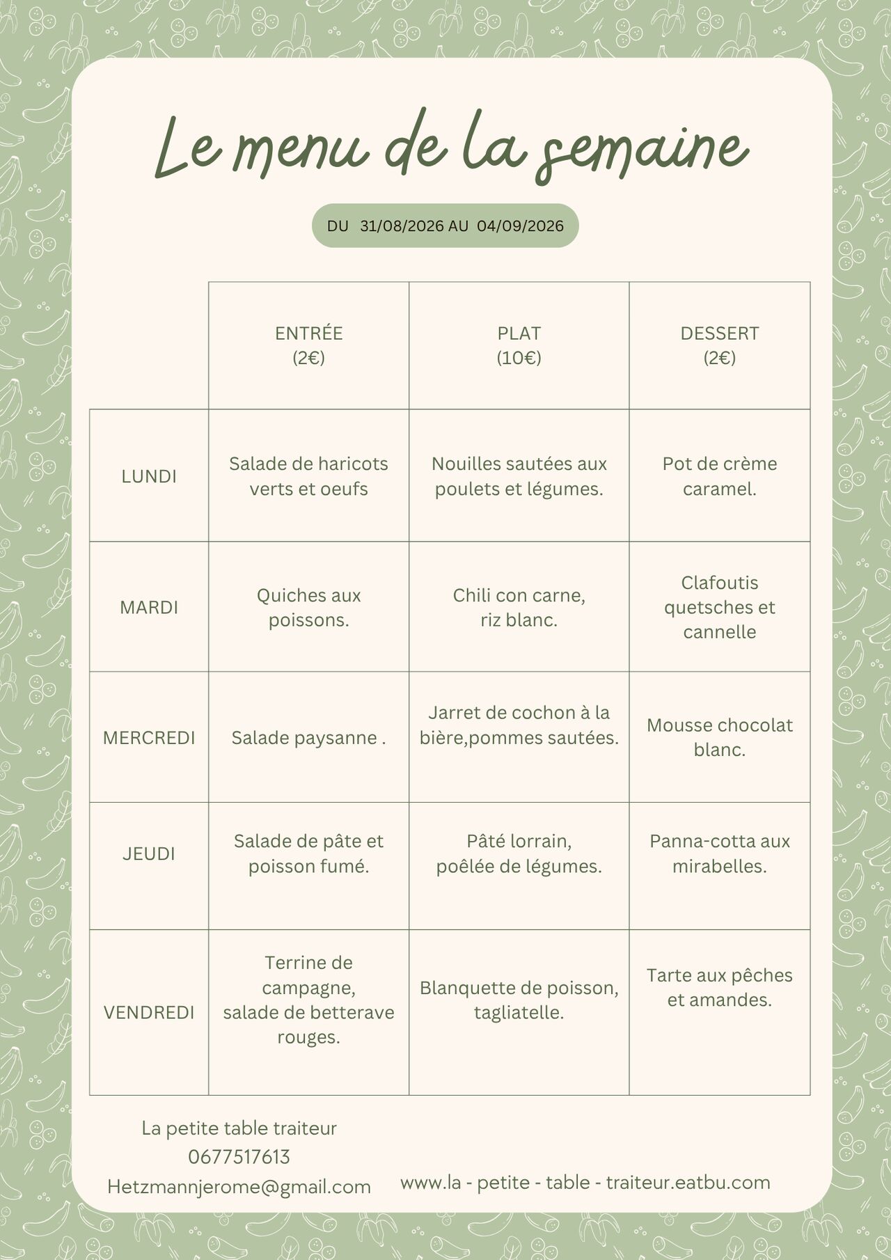 Menu du 31 août au 04 septembre 2026.