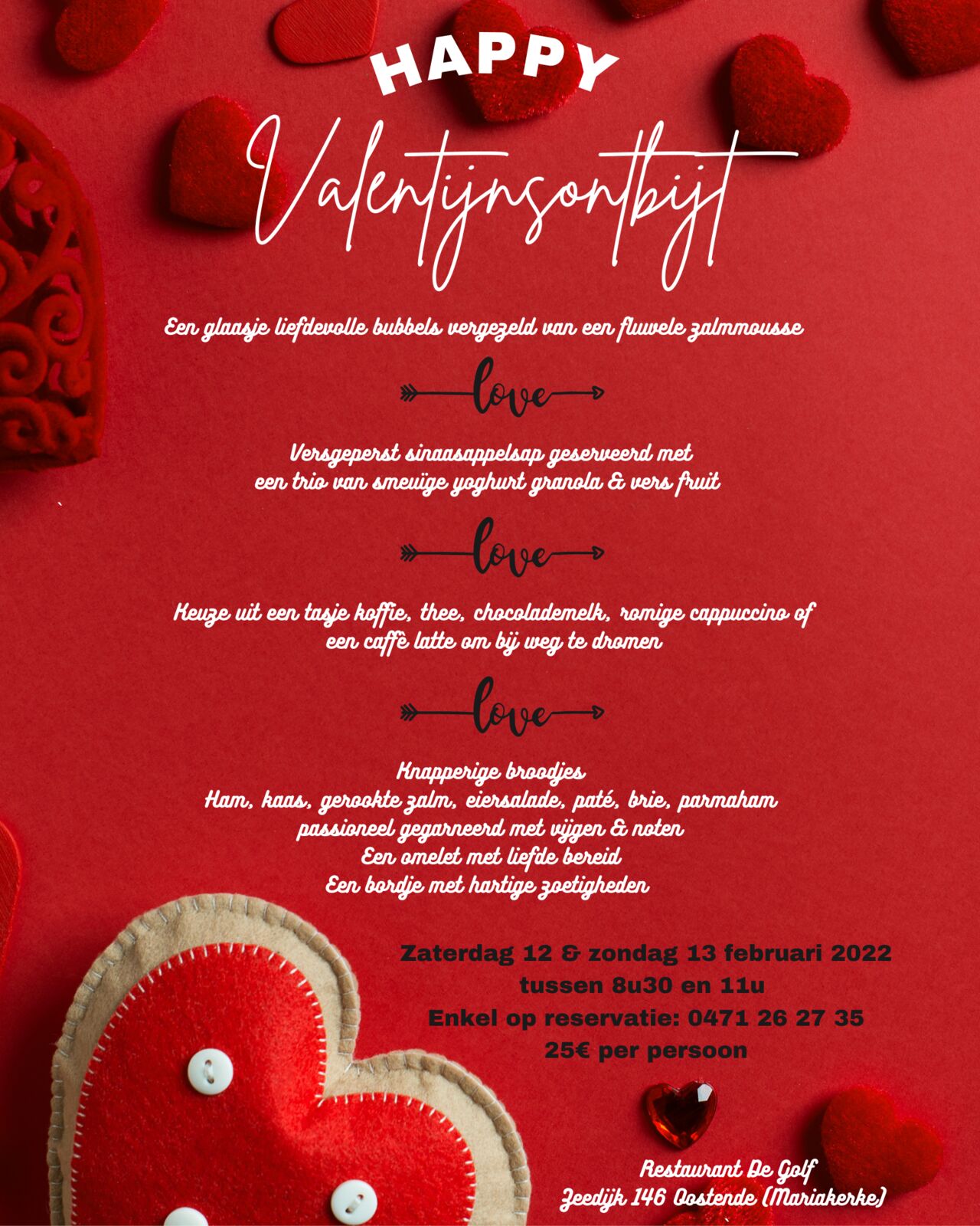 Valentijnsontbijt op zaterdag 12 en zondag 13 februari