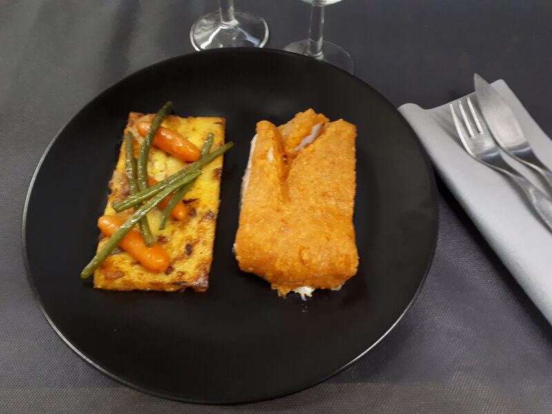 Pavé de Cabillaud en croûte de Chorizo, Polenta aux pleurotes