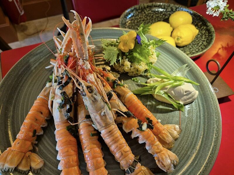 Langoustines en vapeur et herbes fraîches, quinoa aux cébettes et mayonnaise citronnée