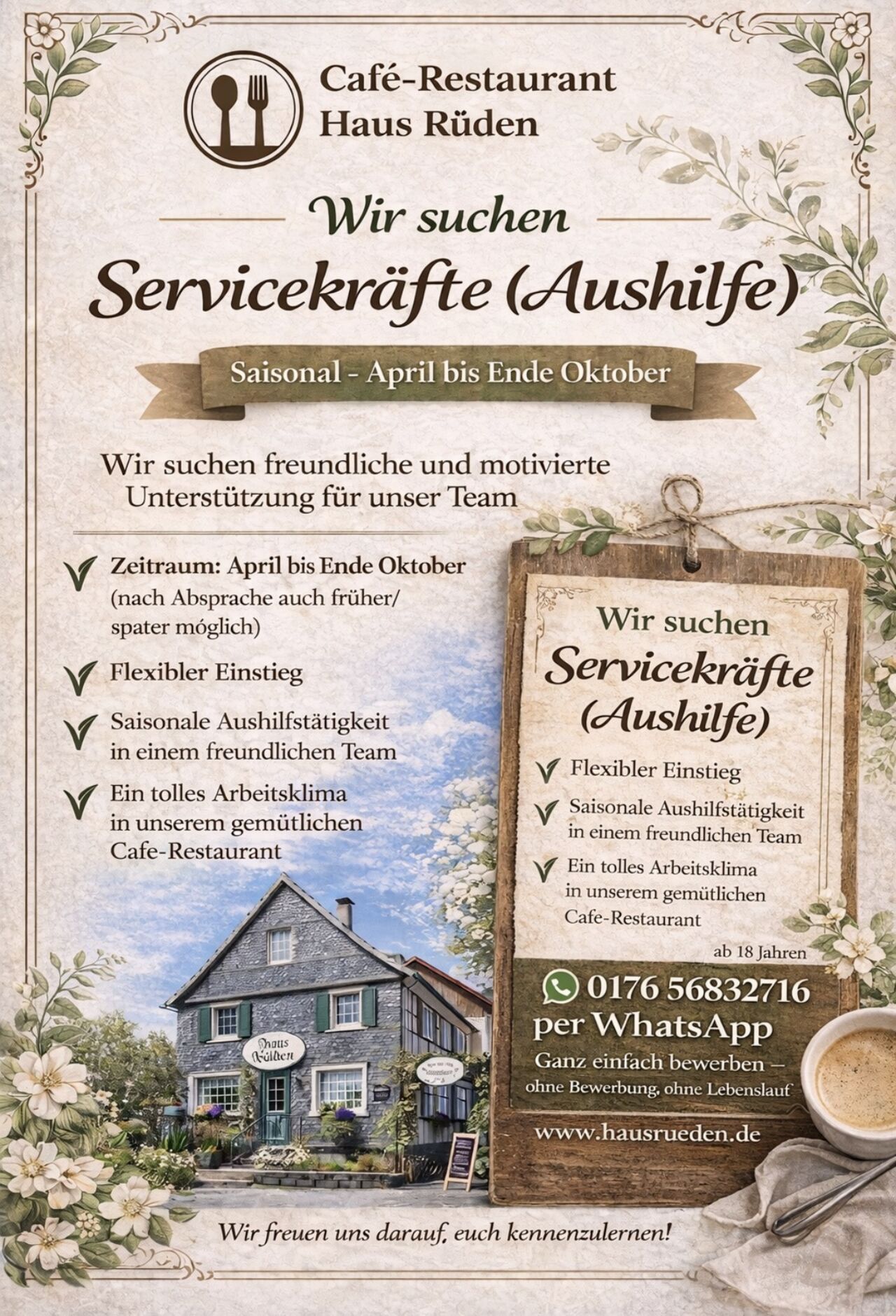 🌟 Wir suchen DICH! – Werde Teil unseres Teams im Café Restaurant Haus Rüden 🌟