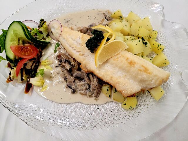 Zanderfilet auf der Haut gebraten mit Champignon-Dill-Sauce und Petersilienkartoffeln 