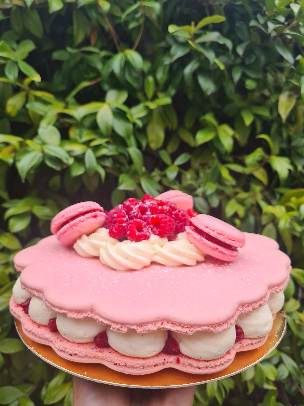Macaron géant framboises et crème vanillée