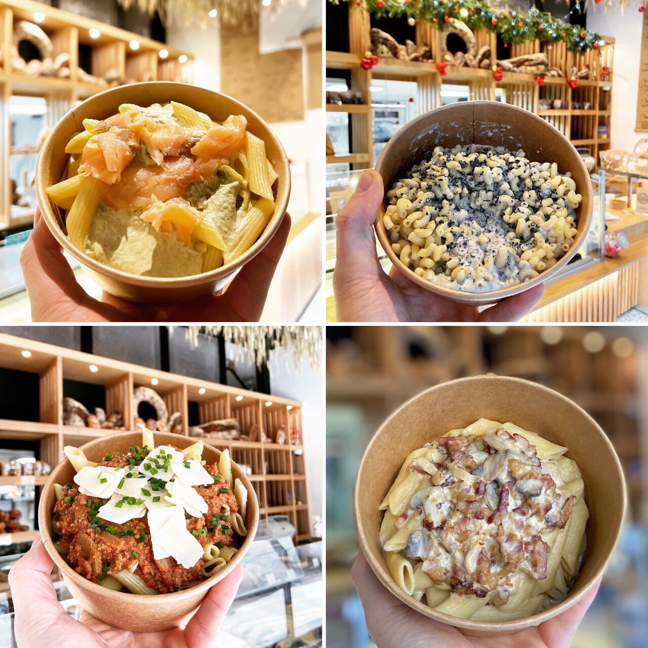 En hivers, nous proposons des plats de pâtes à réchauffer: poireaux saumon, truffe, bolognaises, lardons champignons 