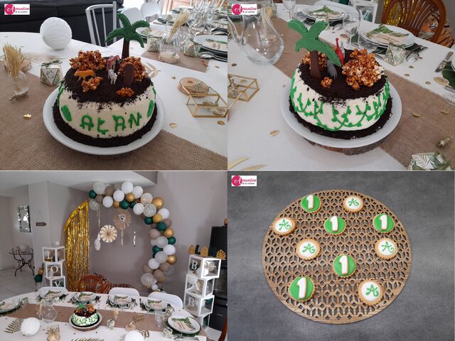 Layer cake jungle : chocolat, vanille, fraise, chantilly et sablés personnalisés (pour @maisonmargauxevents)