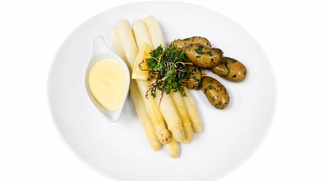 Portion frischer Stangenspargel, Sauce Hollandaise und Petersilienkartoffeln