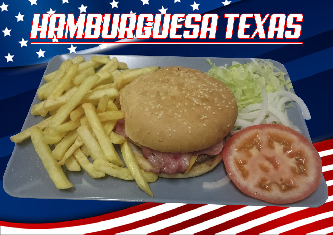 Carne, Bacón, Queso, Lechuga, Cebolla y Tomate Natural.
