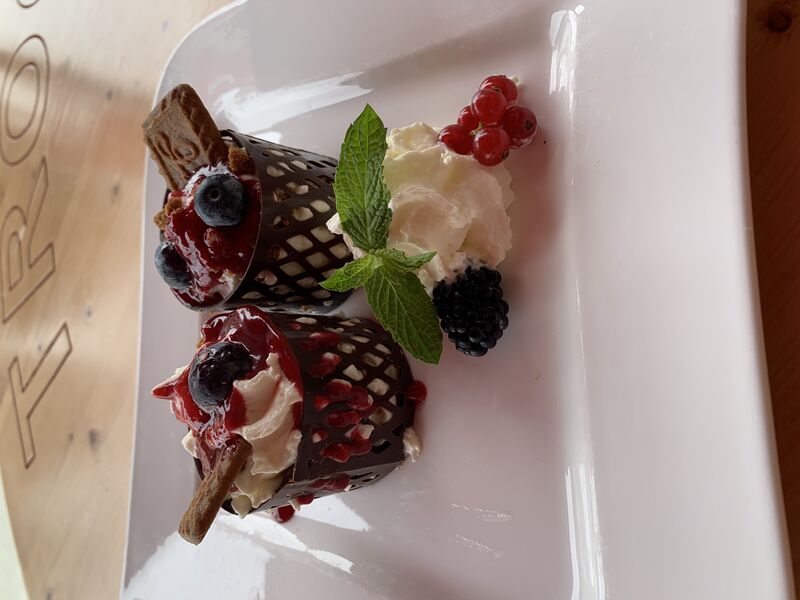 tiramisu spéculos fruits rouges dans sa cage de chocolat