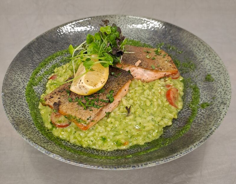 Gebratenes Lachsforellenfilet mit Basilikum-Tomatenrisotto