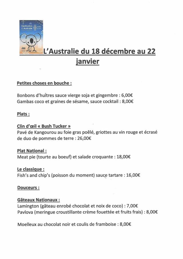 le menu de l'australie