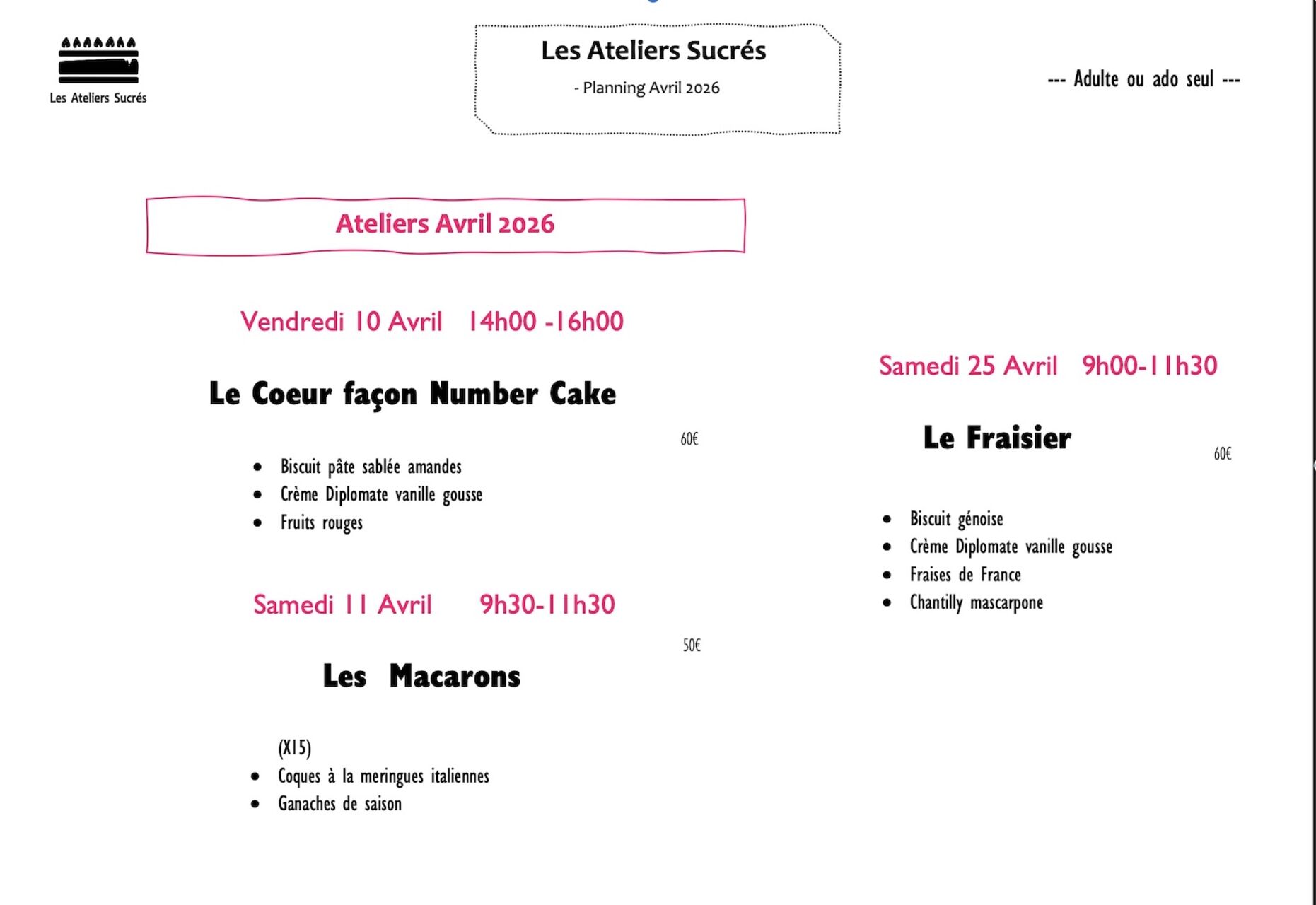 ateliers adultes ou ados seuls Avril 2026