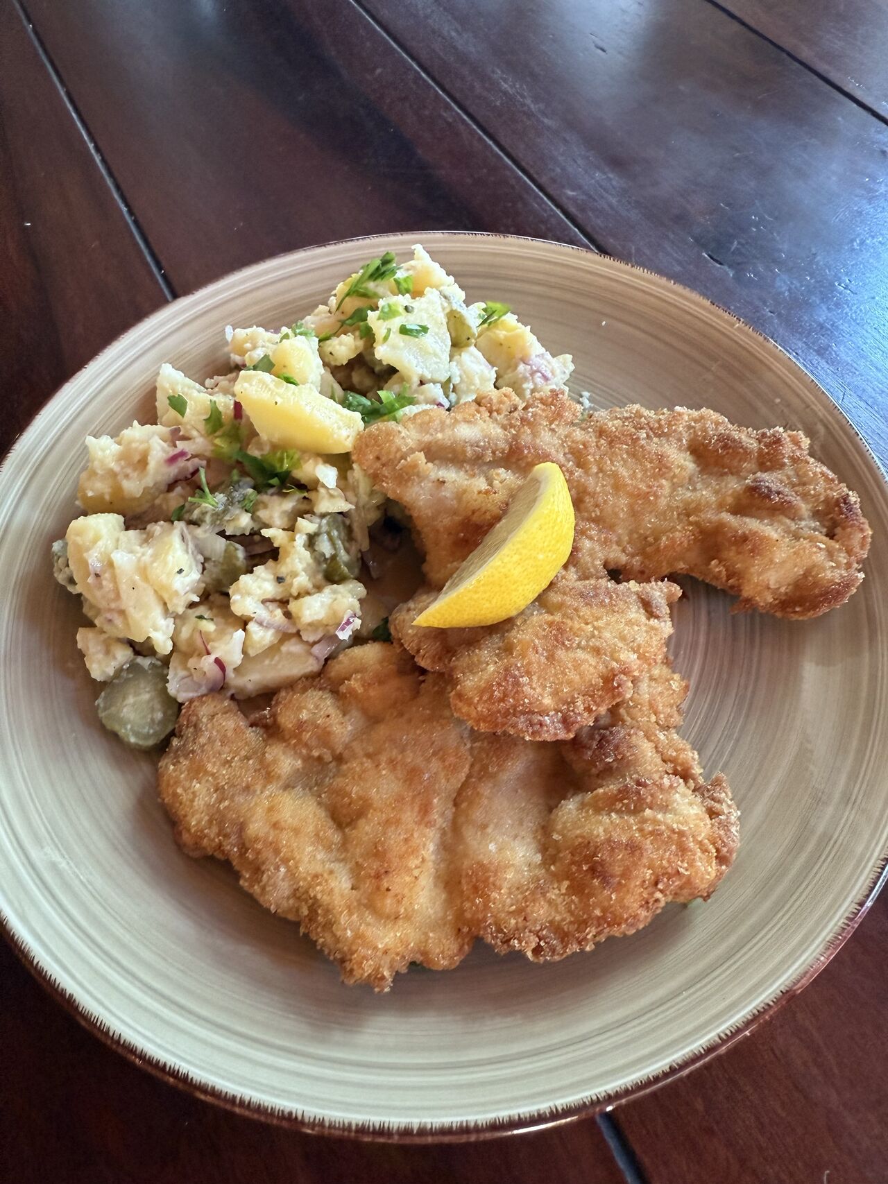 Smažený stehenní řízek s moravským salátem